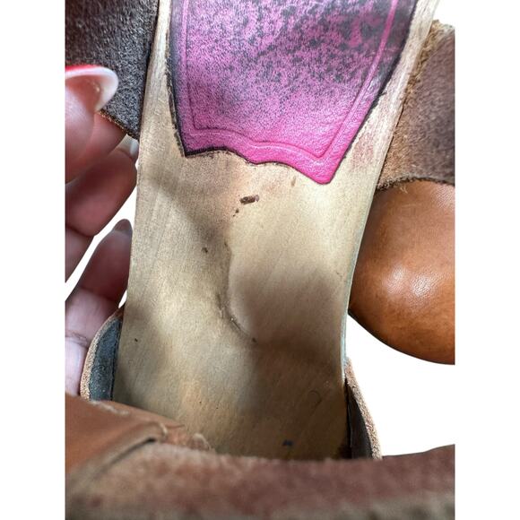 Swedish Hasbeens Brown Almond Toe T-Strap Wooden Block Heel Leather Clogs Size 5 - Picture 7 of 15